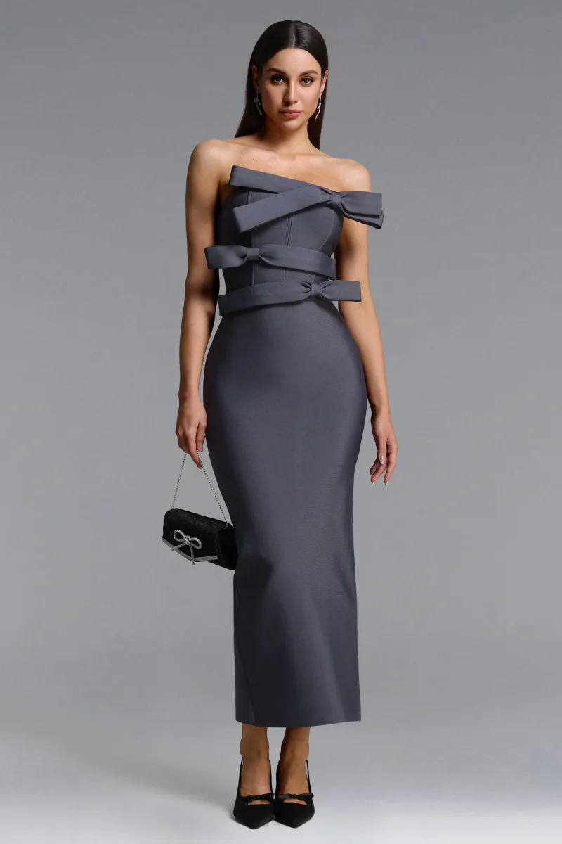 Vestido Maxi Yalia Sem Alças com Laço e Técnica Bandage