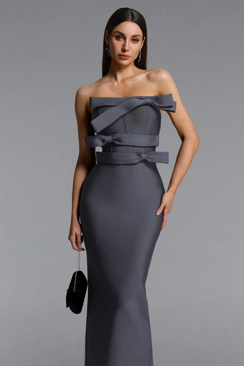 Vestido Maxi Yalia Sem Alças com Laço e Técnica Bandage