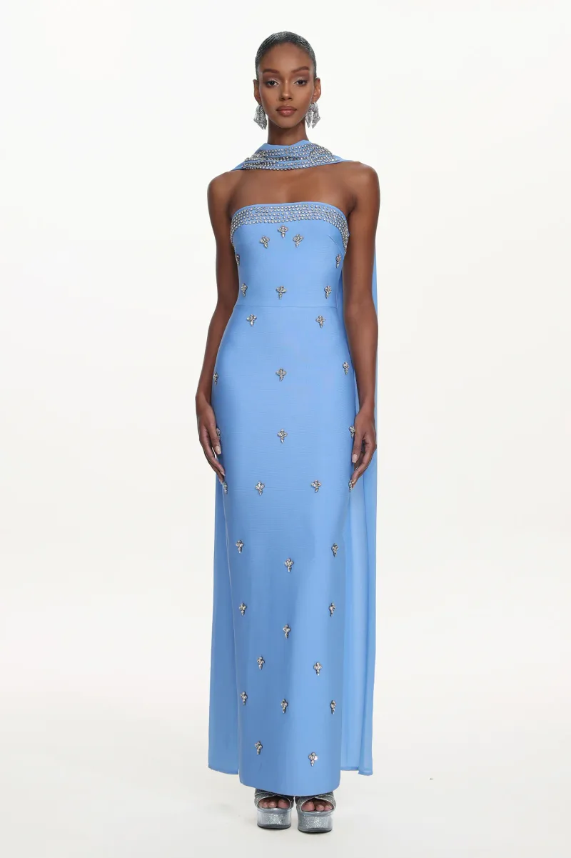 Vestido Maxi Marina: Bandage sem Alças com Cristais