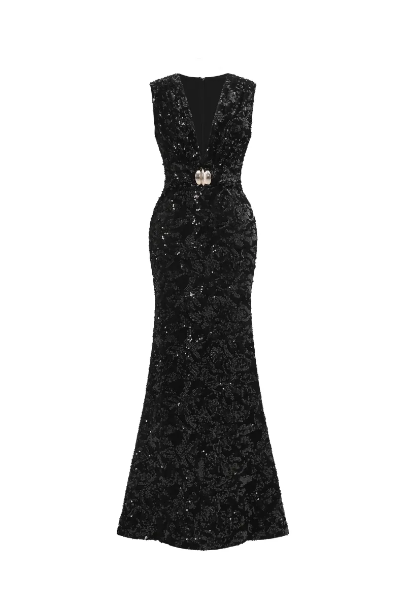 Vestido Maxi Contour sem Mangas com Decote V Profundo e Fivela Metálica em Paetê Veludo