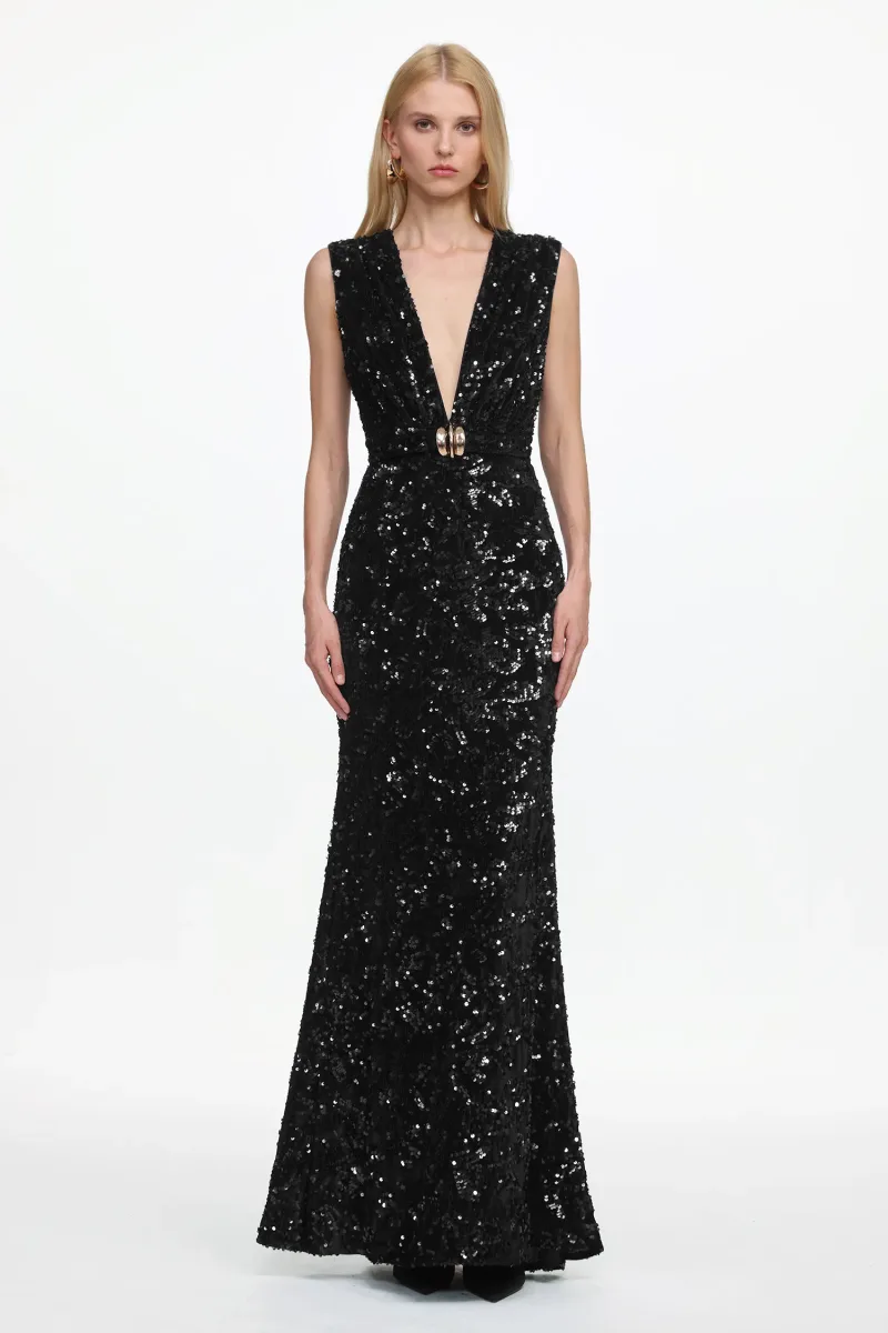 Vestido Maxi Contour sem Mangas com Decote V Profundo e Fivela Metálica em Paetê Veludo