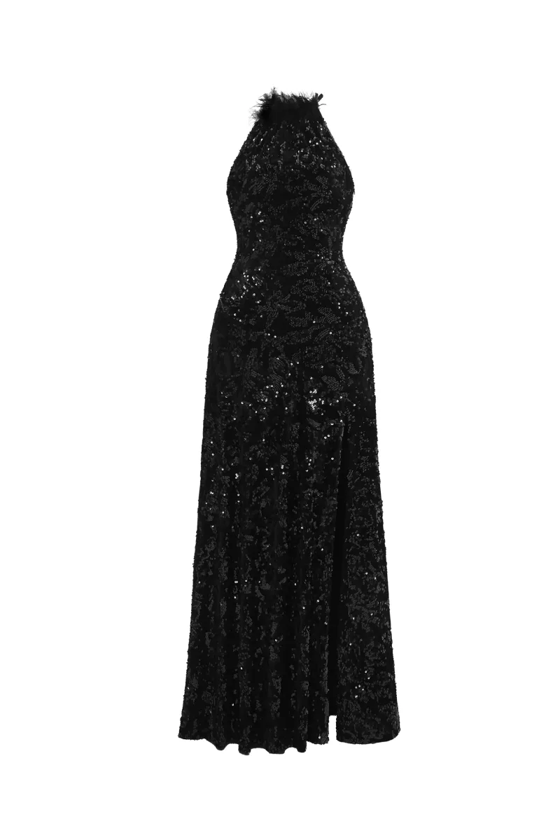 Vestido Maxi Contour sem Mangas em Paetê Veludo com Pluma e Abertura Alta