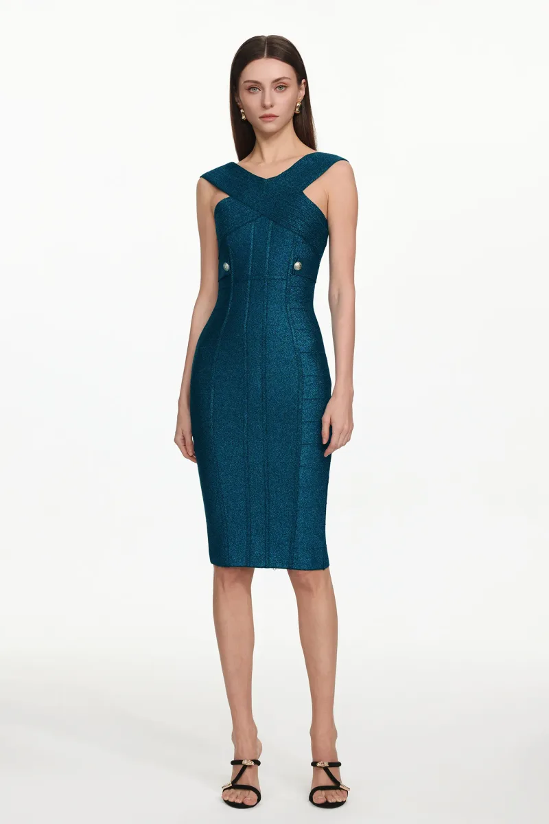 Vestido Midi Fresco sem Mangas com Decote V em Bandage