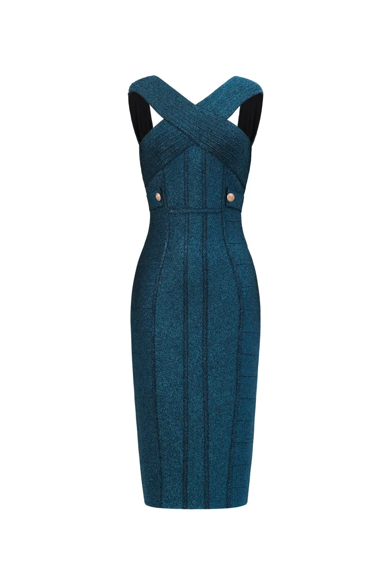 Vestido Midi Fresco sem Mangas com Decote V em Bandage