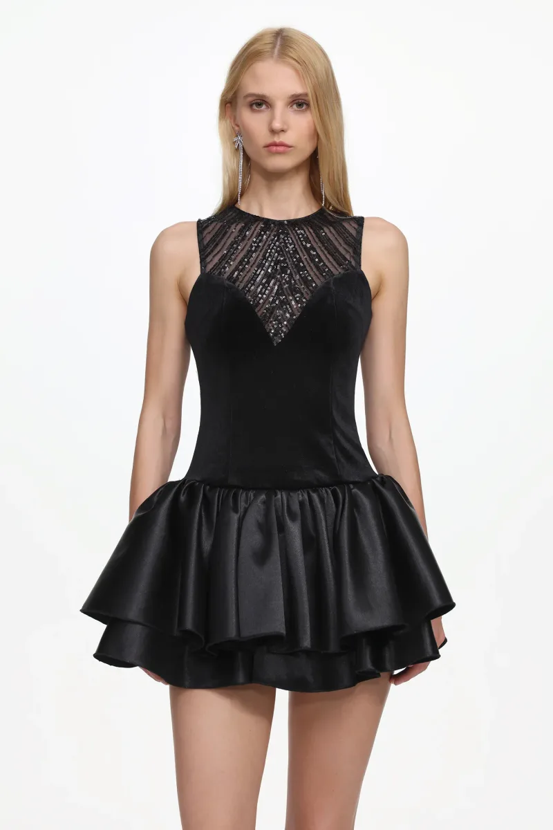 Vestido Mini Sareza Chic com Decote em V e Paetê