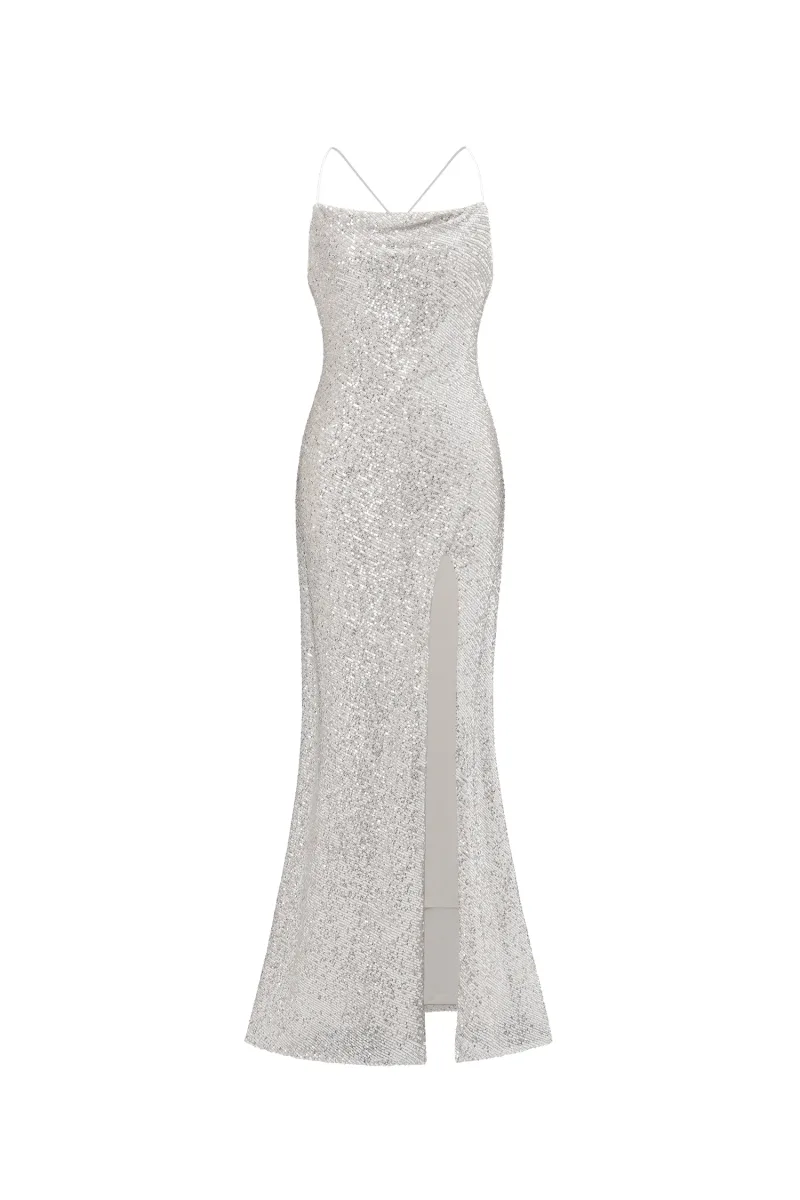 Vestido Maxi Fagra Glamouroso com Abertura Lateral e Paetê