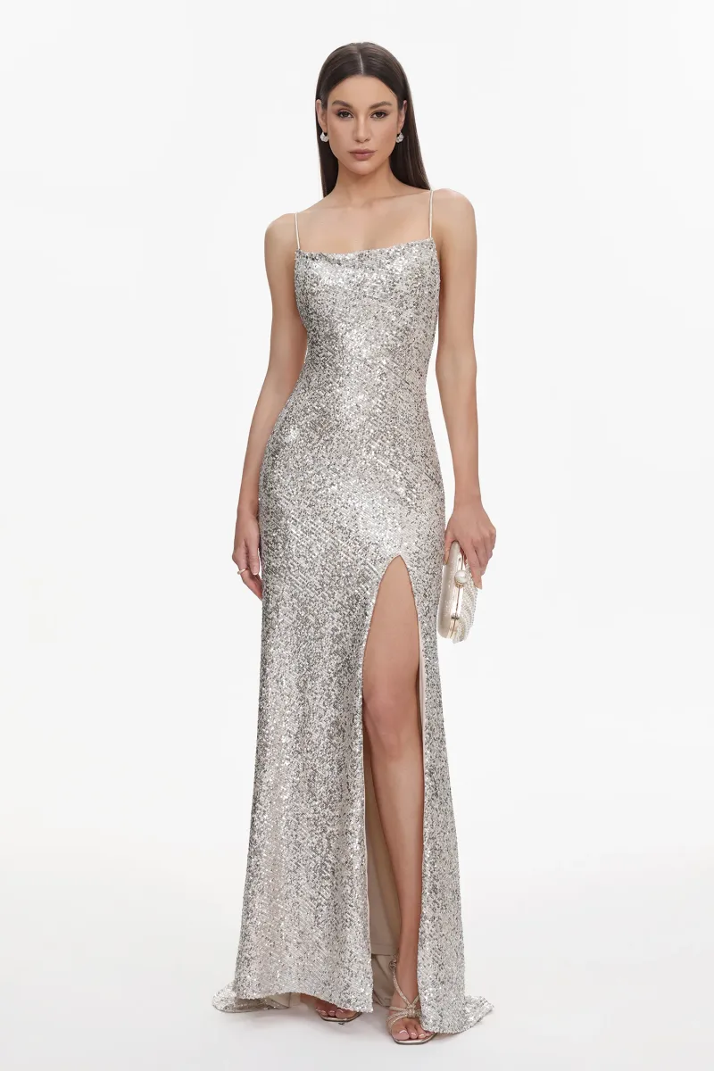 Vestido Maxi Fagra Glamouroso com Abertura Lateral e Paetê