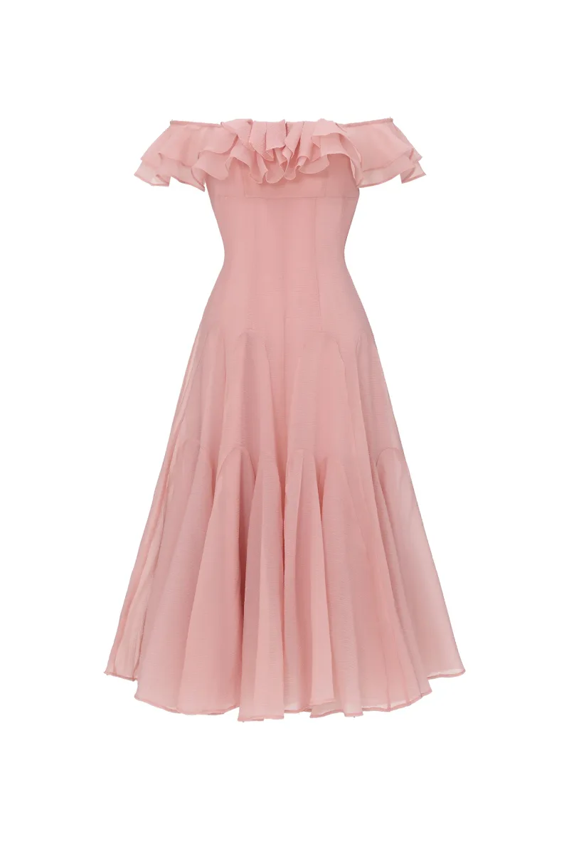 Vestido Midi Wika com Ombros à Mostra e Babado Fluido