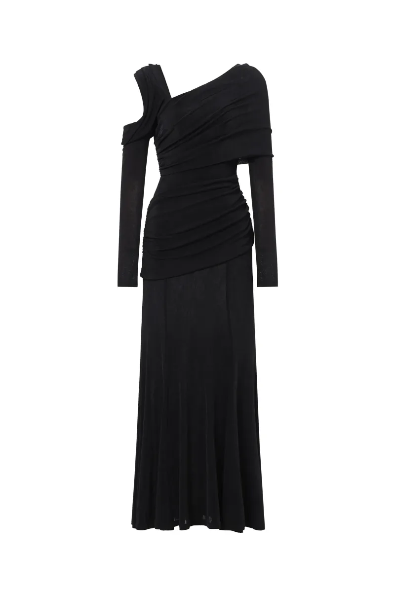Vestido Maxi Luysa em Malha Preta com Ombro Único