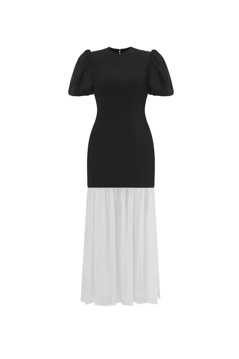 Vestido Maxi Spiral com Manga Bufante e Detalhes em Pregas