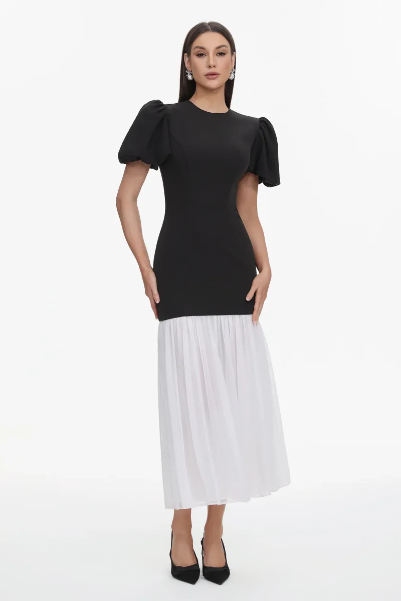 Vestido Maxi Spiral com Manga Bufante e Detalhes em Pregas