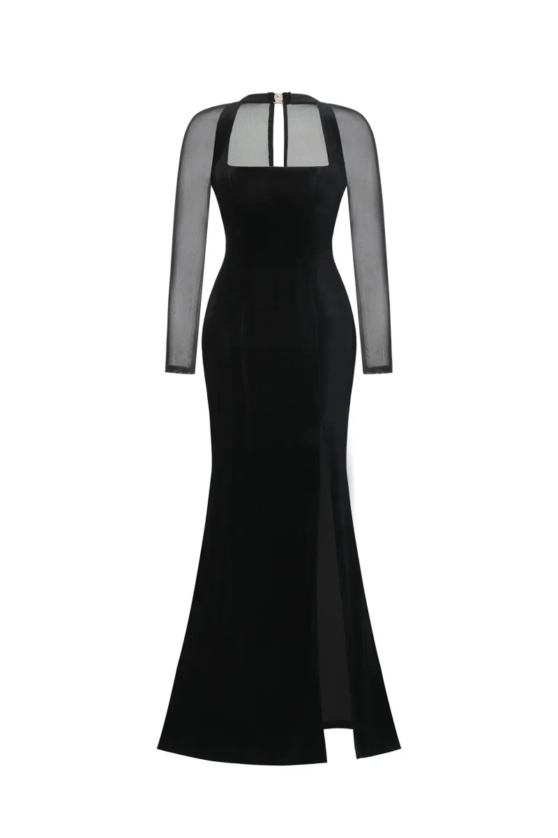 Vestido Maxi Rae em Veludo com Fenda Manga Longa