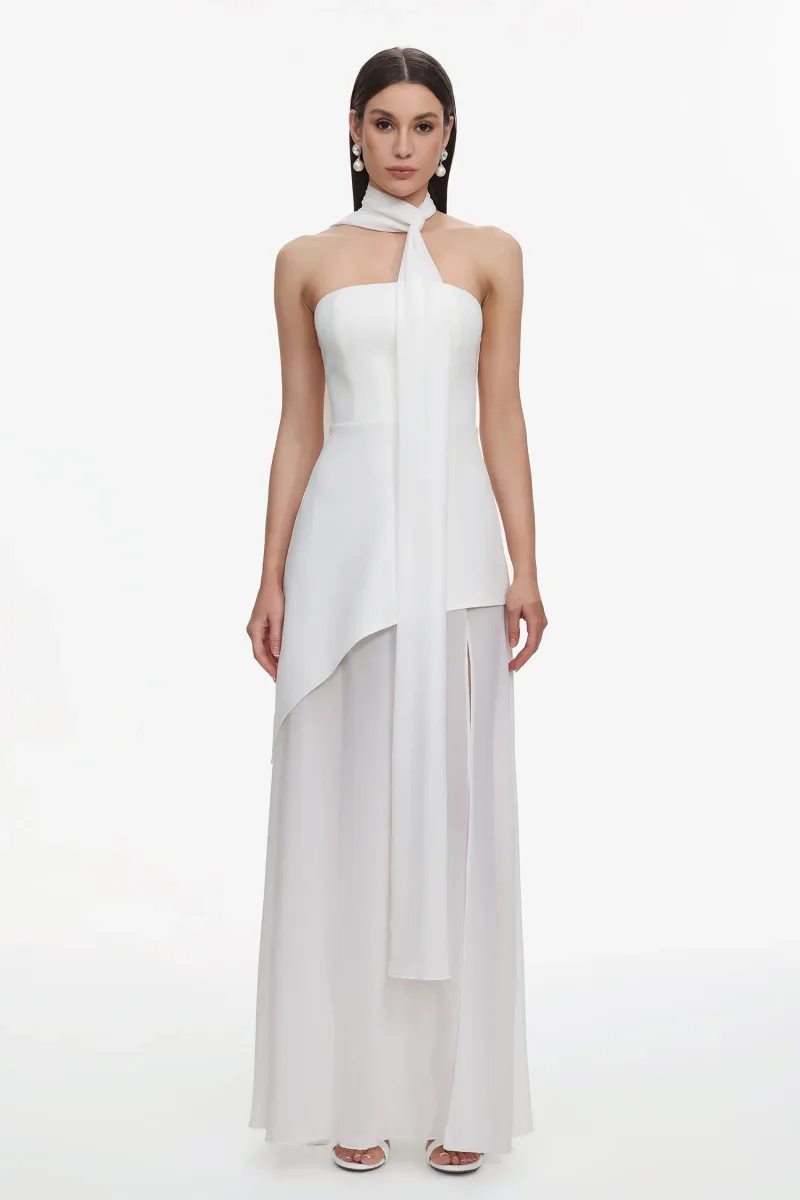 Vestido Maxi Kater Decote Único em Tule e Cetim
