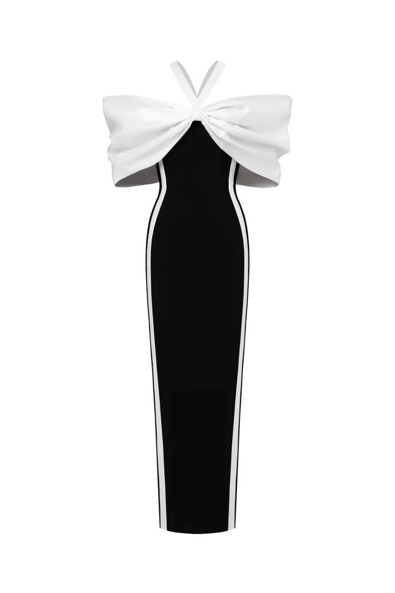 Vestido Elegant Contour: Maxi Halter com Laço e Detalhe Contrastante