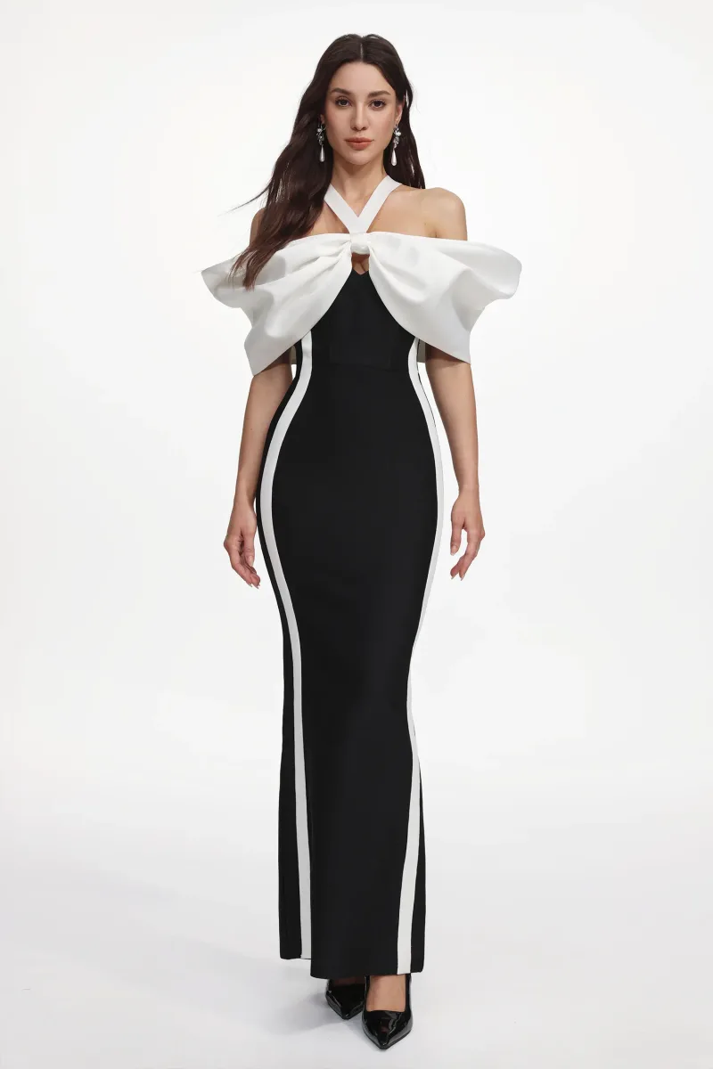 Vestido Elegant Contour: Maxi Halter com Laço e Detalhe Contrastante