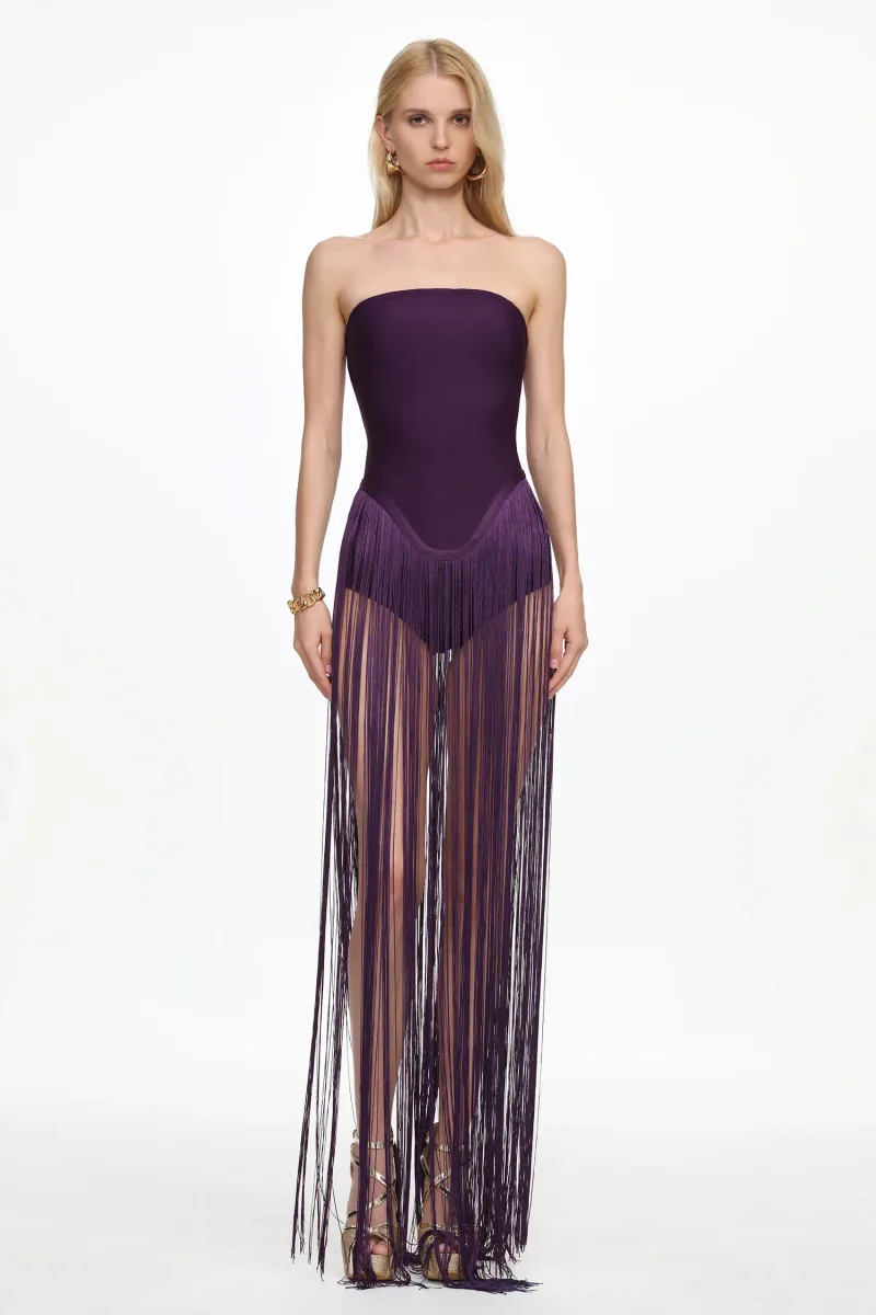 Vestido Valentina: Sem Alças em Roxo com Franjas