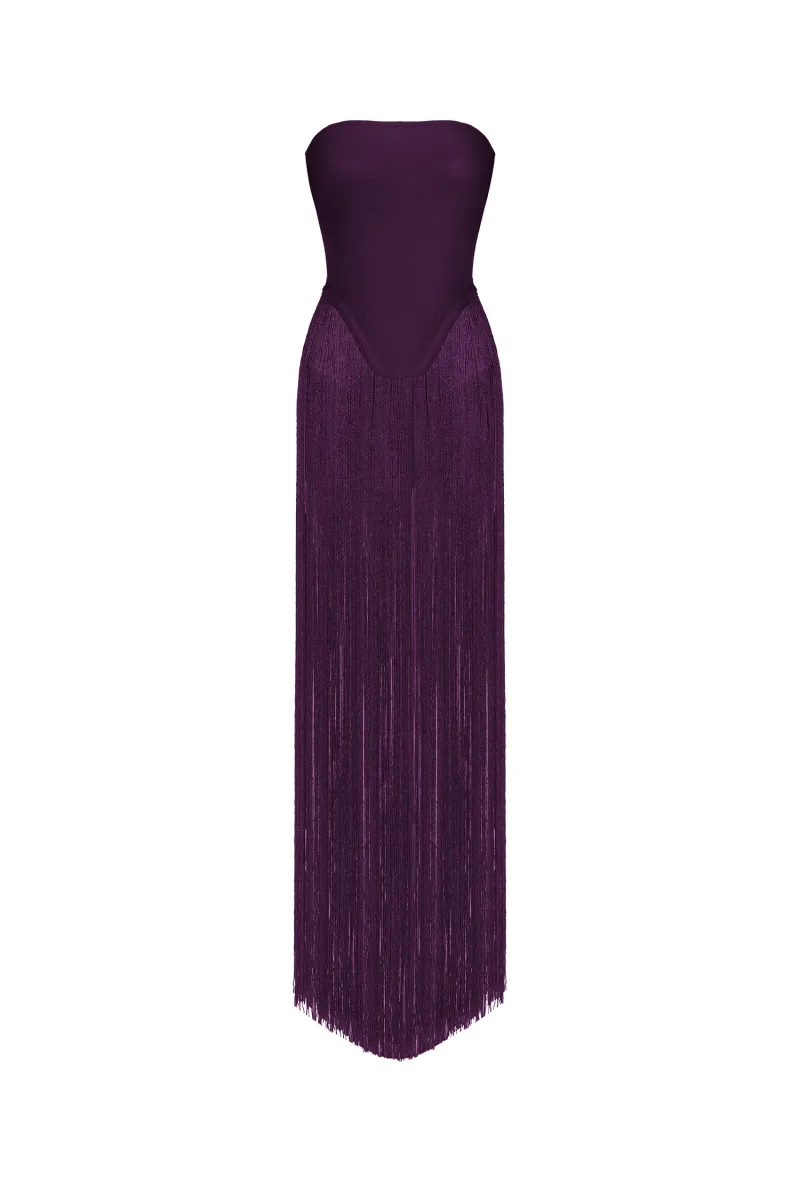 Vestido Valentina: Sem Alças em Roxo com Franjas