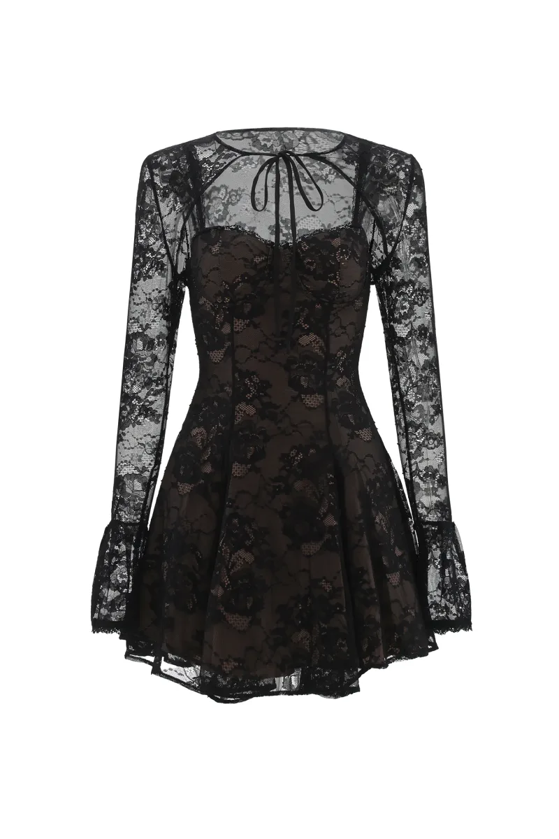 Vestido Mini Kiera em Renda com Manga Longa