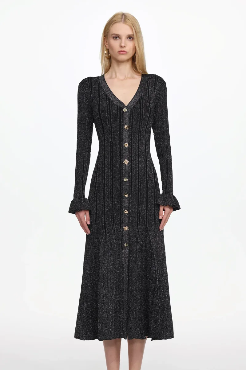 Vestido Maxi Verga em Tricô com Botões Frontais