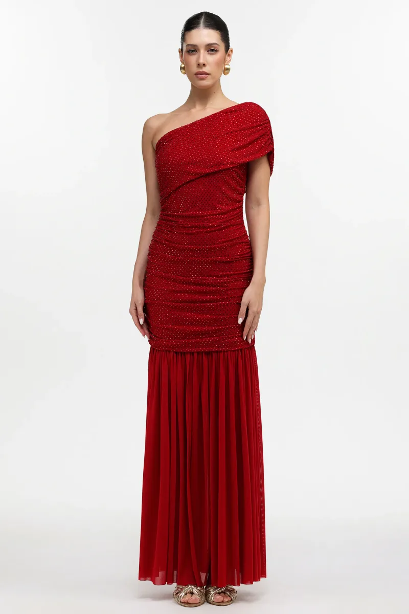 Vestido Maxi Naida com Drapeado e Cristais