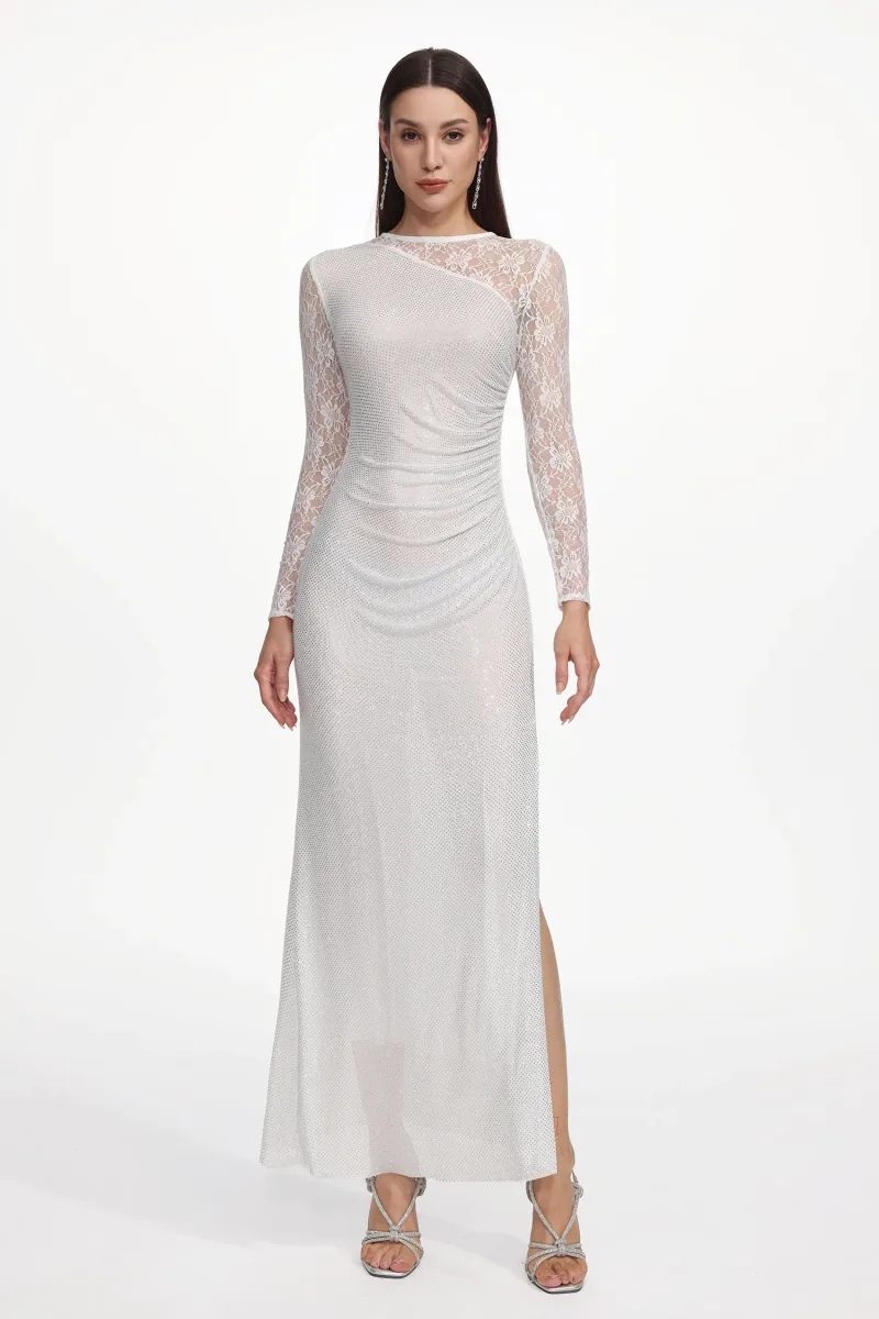 Vestido Maxi Uabeza com Renda de Cristal e Manga Longa