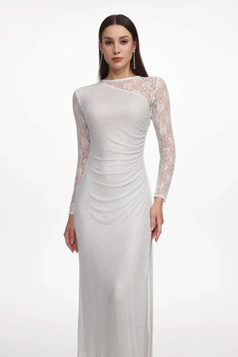 Vestido Maxi Uabeza com Renda de Cristal e Manga Longa
