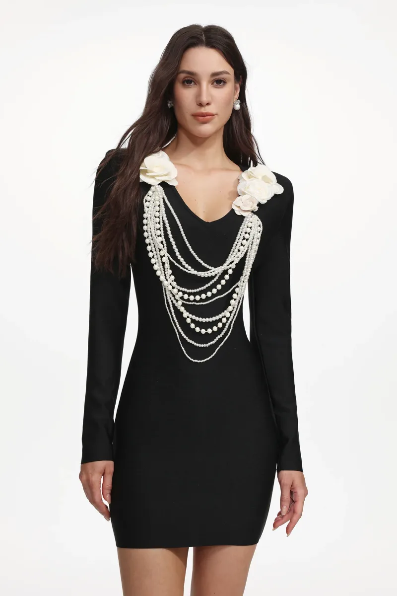 Vestido Mini Whitley Bandagem com Pérolas e Flores