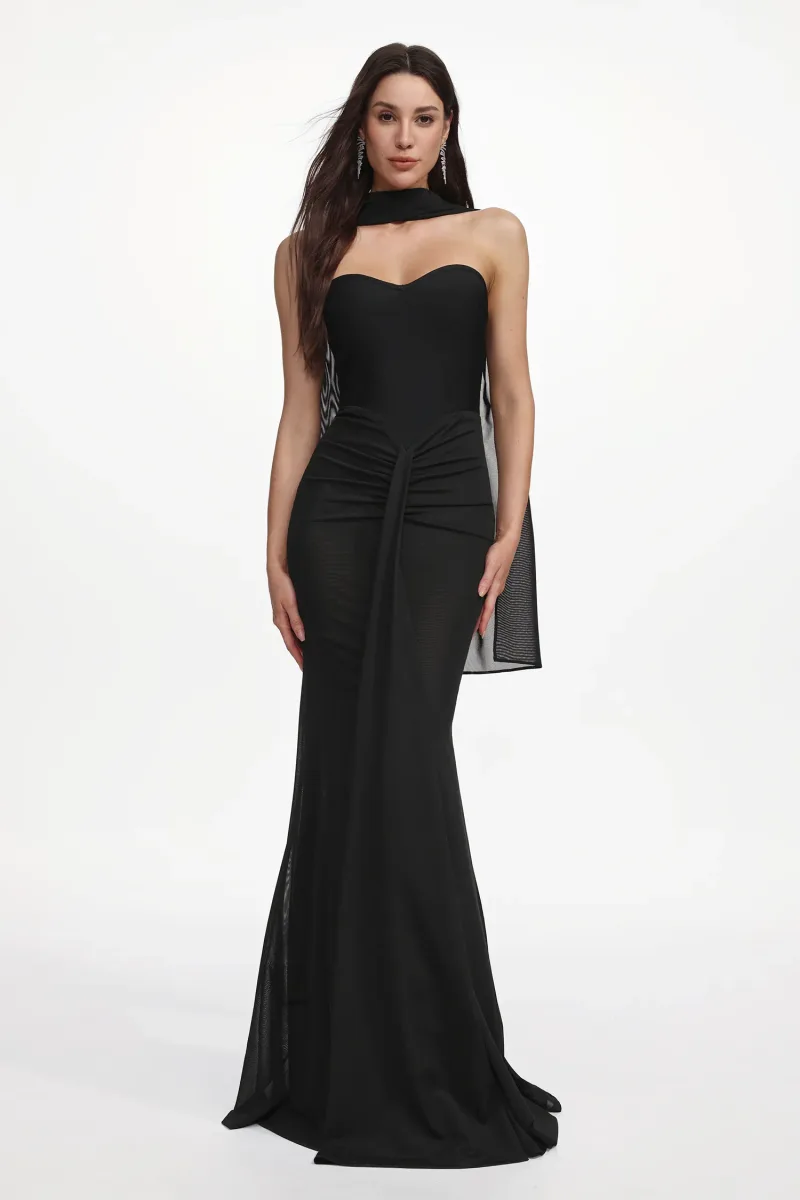 Vestido Maxi Lucifa Bandagem Sem Alças com Lenço e Franzidos