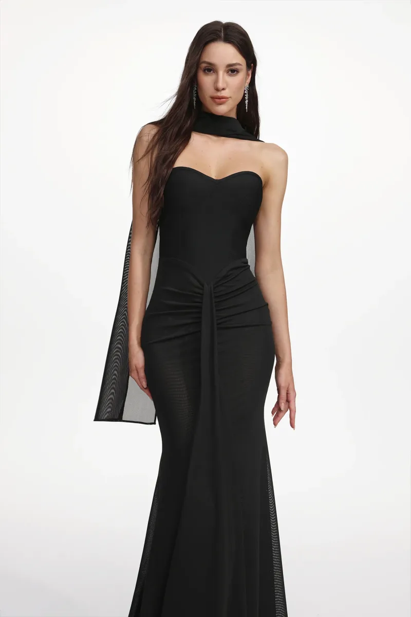 Vestido Maxi Lucifa Bandagem Sem Alças com Lenço e Franzidos