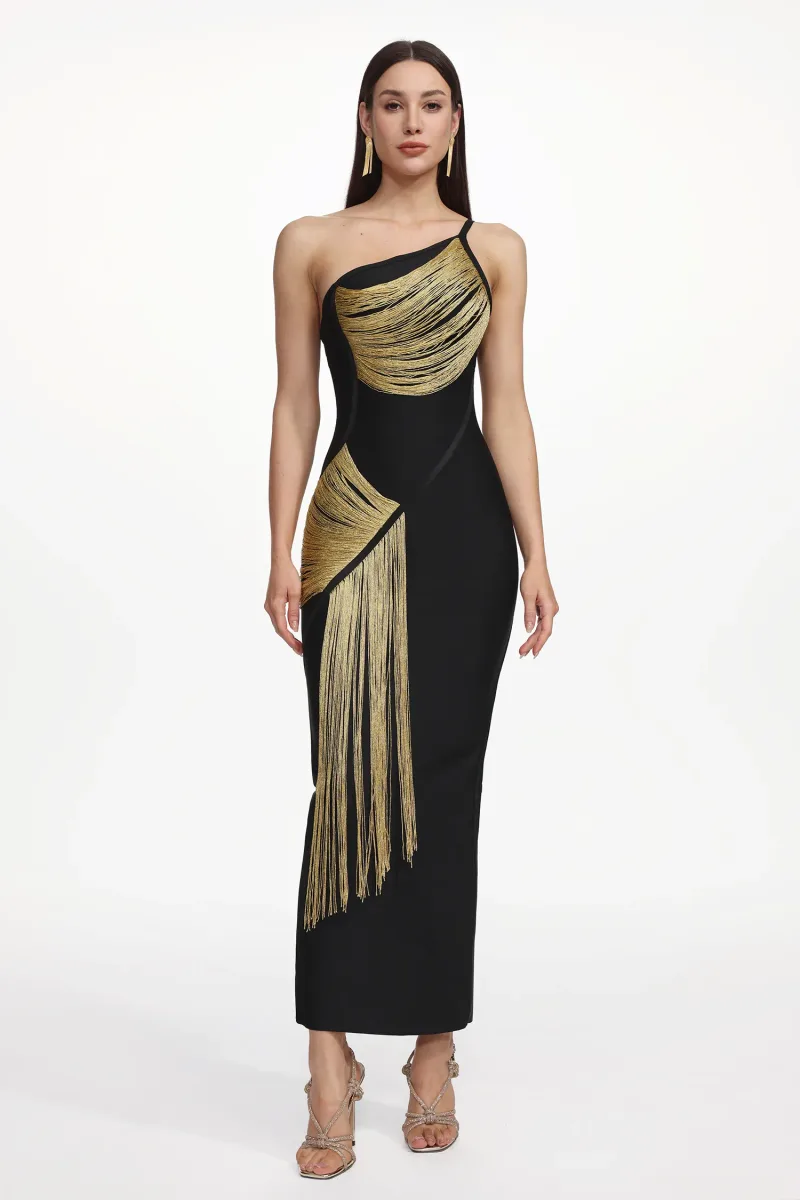Vestido Maxi Roanna Ombro Único com Borlas Douradas