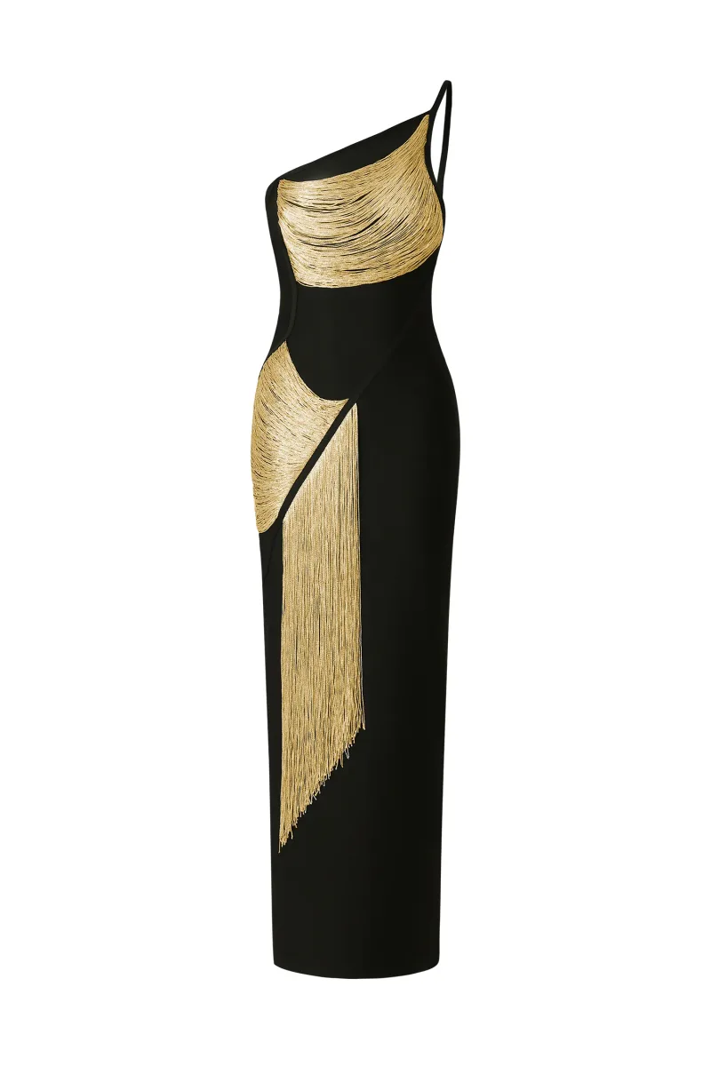 Vestido Maxi Roanna Ombro Único com Borlas Douradas