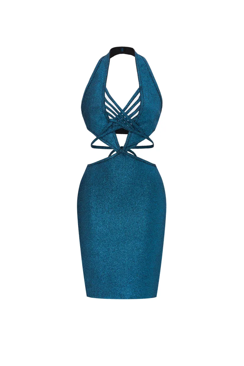 Vestido Bandage Curto Azul Metálico