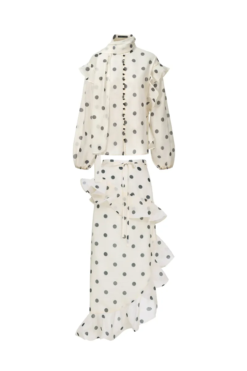 Vestido Midi Vleah com Pregas e Estampa Poá