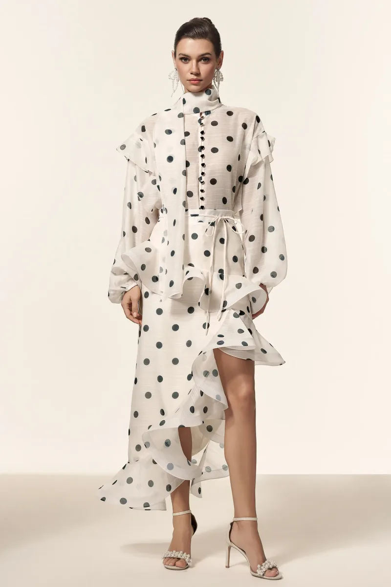 Vestido Midi Vleah com Pregas e Estampa Poá