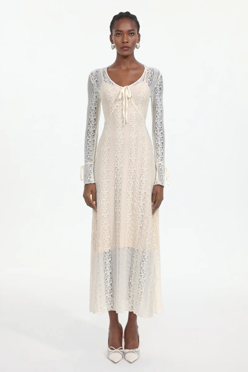 Vestido Maxi Katya Romântico com Renda e Laço — Branco