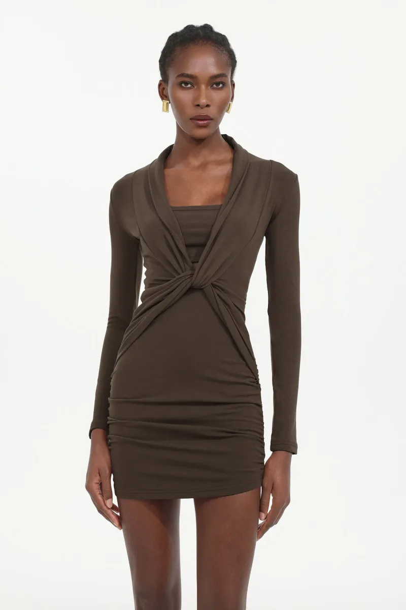 Vestido Mini Elleri em Tricô com Torção e Manga Longa