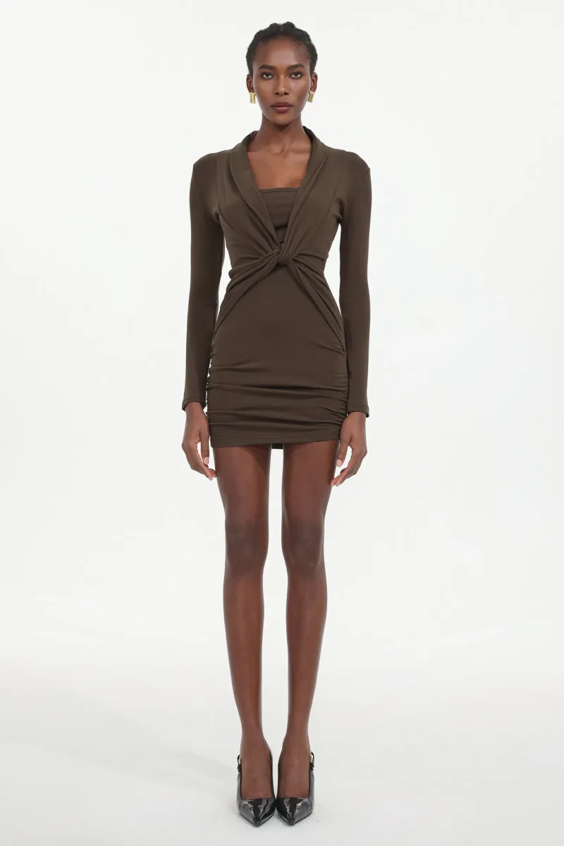 Vestido Mini Elleri em Tricô com Torção e Manga Longa