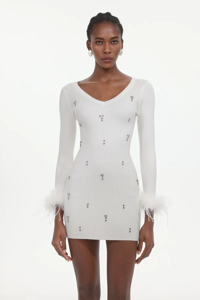 Vestido Mini Moua em Tricô com Strass e Penas - Branco