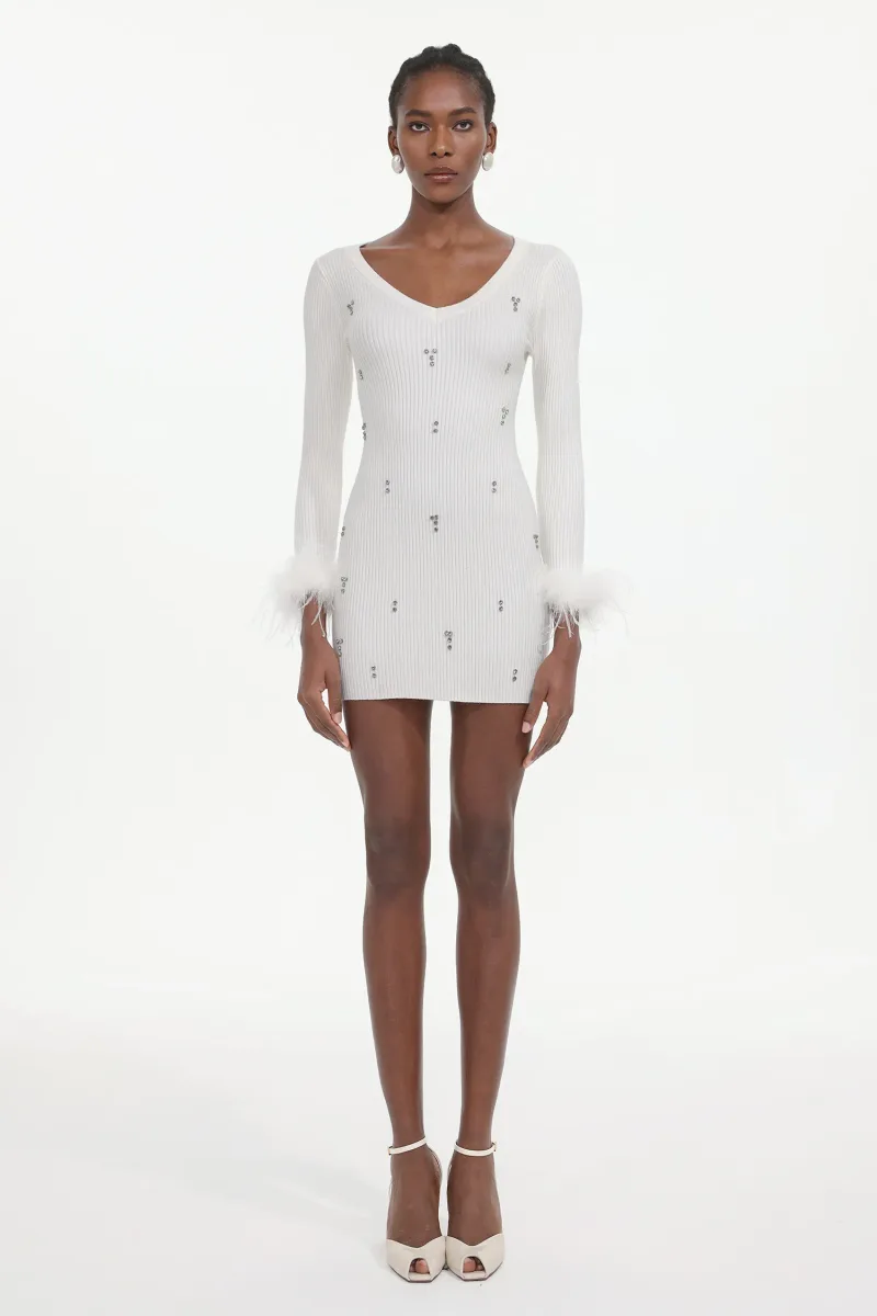 Vestido Mini Moua em Tricô com Strass e Penas - Branco