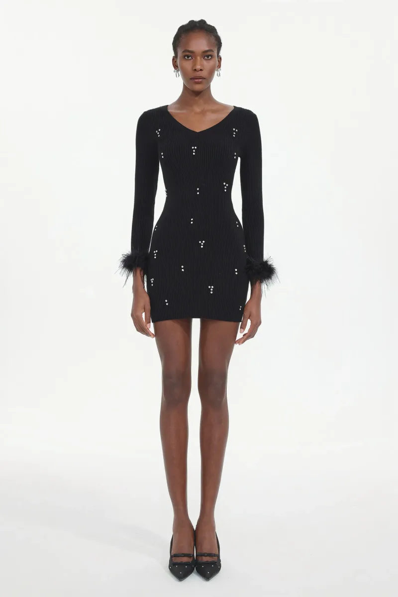 Vestido Moua em Tricô com Strass e Penas