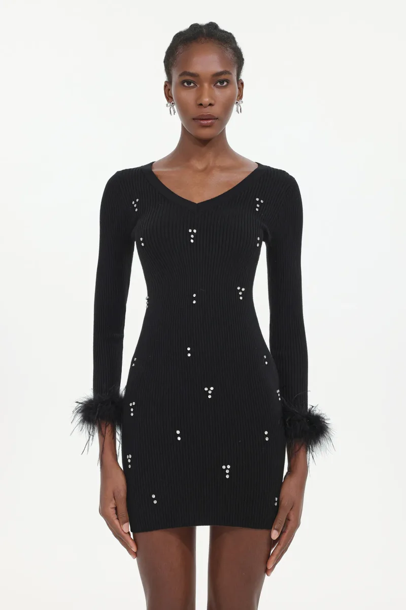 Vestido Moua em Tricô com Strass e Penas