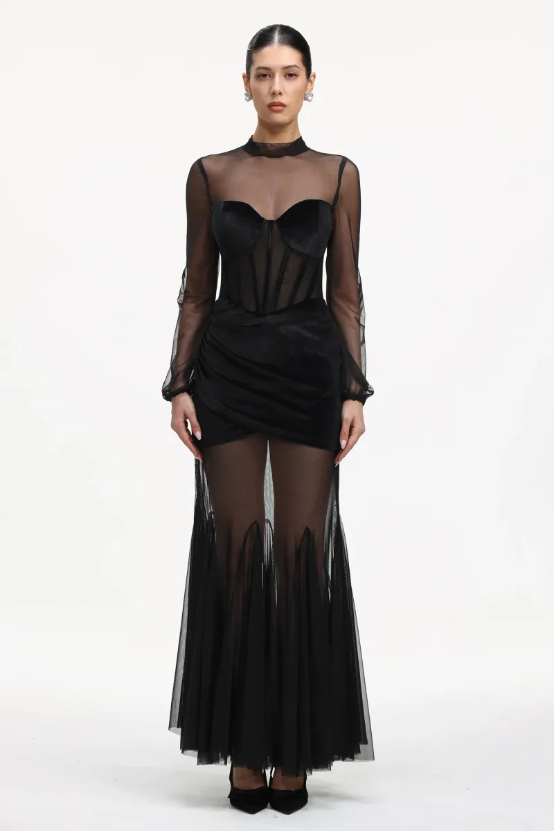 Vestido Maxi Molia Veludo com Mesh Manga Longa