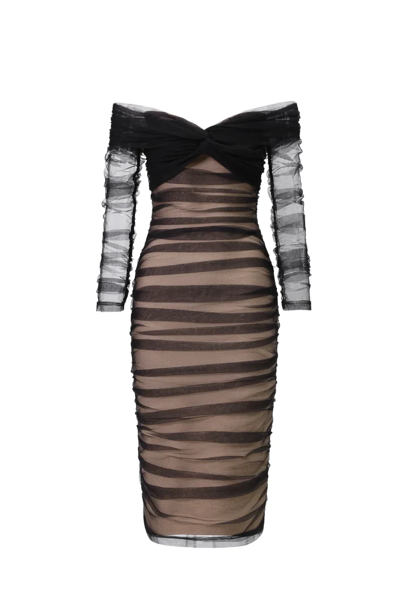 Vestido Midi Gracie Ombro a Ombro Mesh Franzido