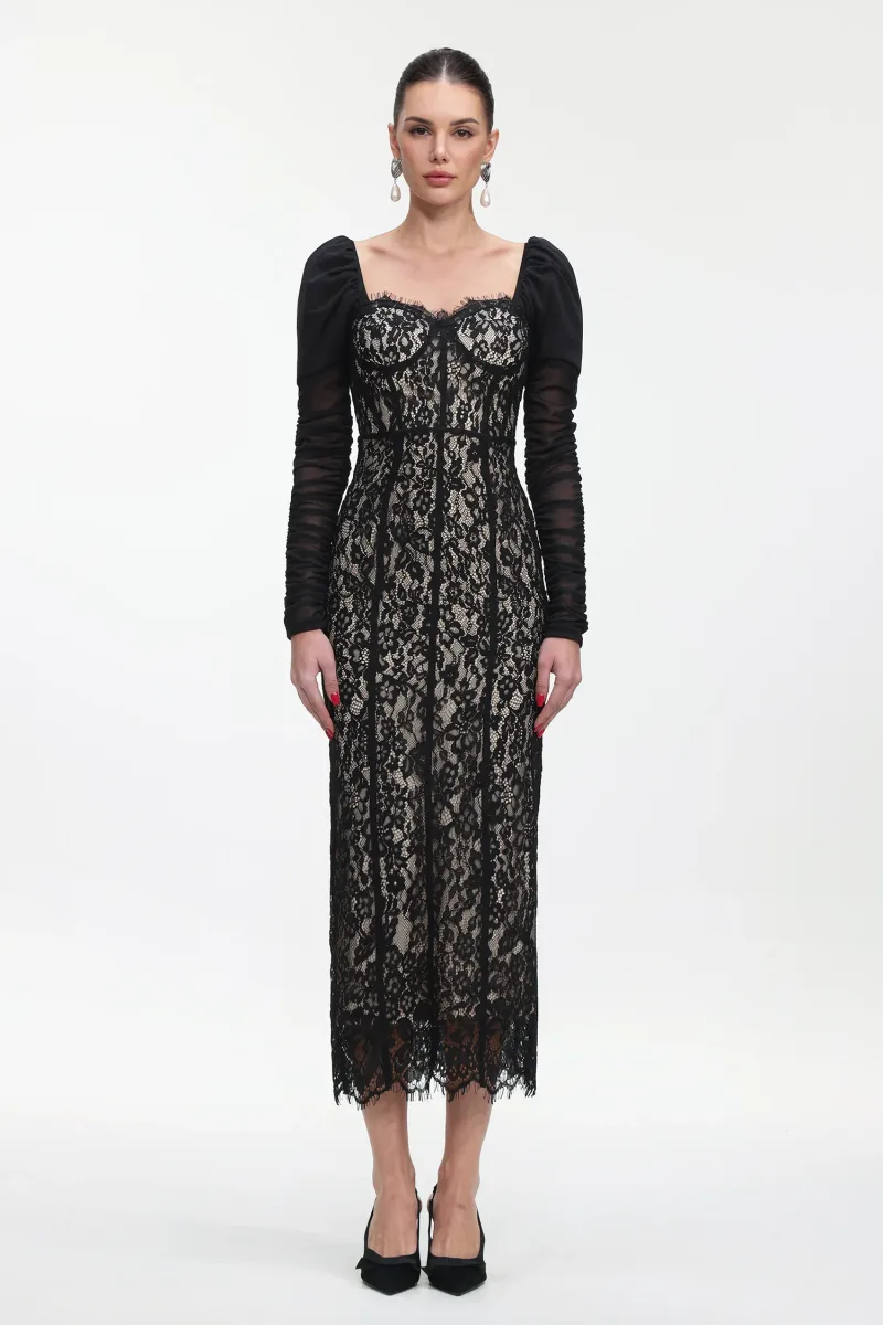 Vestido Maxi Fenby Renda Franzida Manga Longa