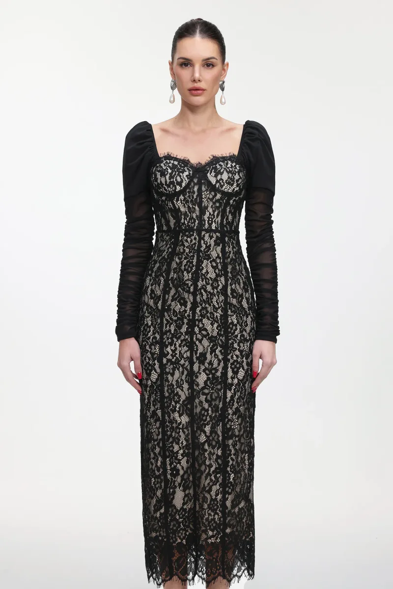 Vestido Maxi Fenby Renda Franzida Manga Longa