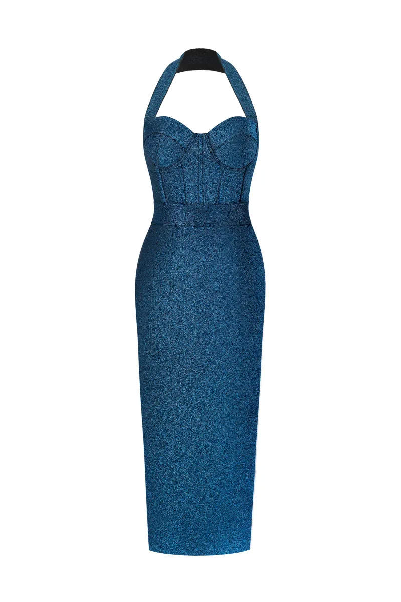Vestido Midi Zamiel com Halter e Detalhe Contornado