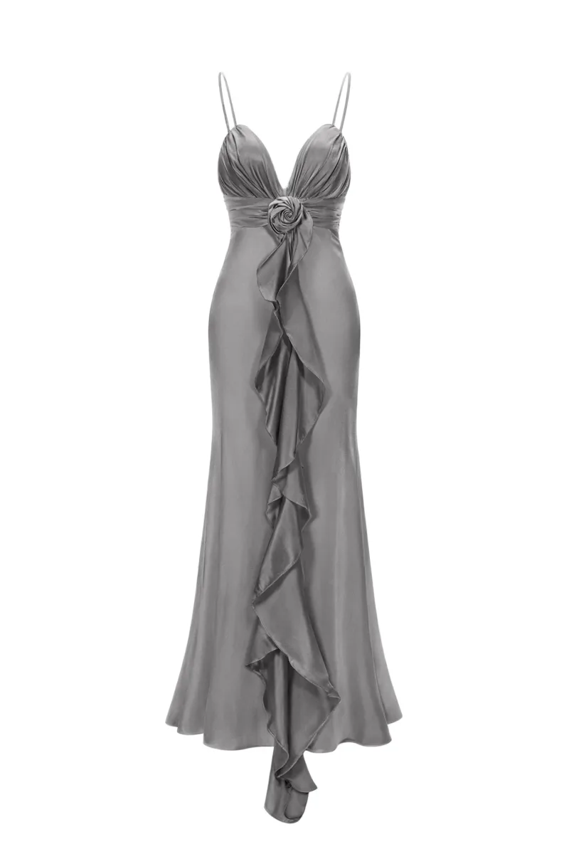 Vestido Maxi Yvonne Sem Mangas Decote em V com Flores Cinza