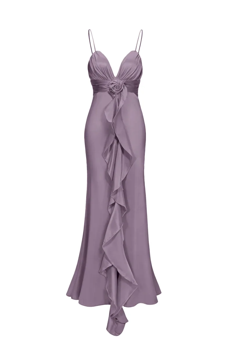 Vestido Maxi Yvonne Sem Mangas Decote em V com Flores Roxo