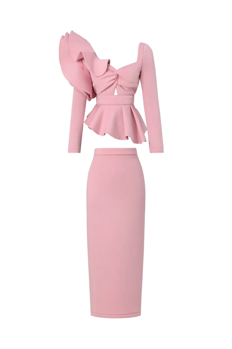 Vestido Maxi Faray com Babados e Mangas Longas Rosa