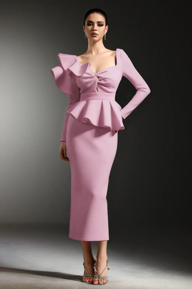 Vestido Maxi Faray com Babados e Mangas Longas Rosa